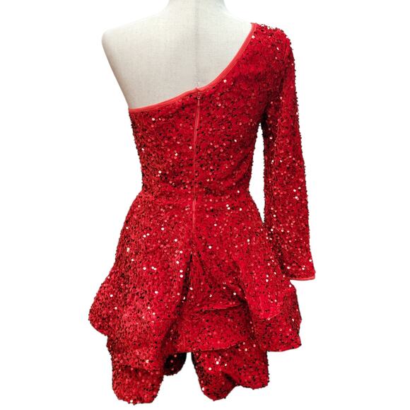 NWT Bright Red Size 2 Asymmetric One Long Sleeve Short Sequin Dress - Picture 10 of 13